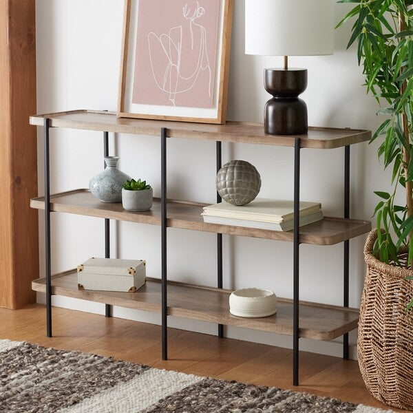 Wooden shelf with decorative items in a room setting
