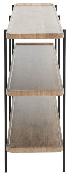Three-tiered shelf with wooden shelves and metal frame on a white background