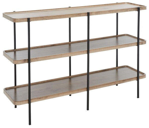 Three-tiered shelf with wooden shelves and metal legs on a white background