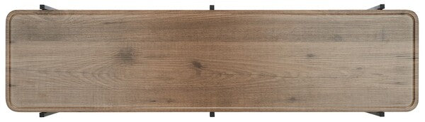Wooden shelf with a metal frame and a textured surface