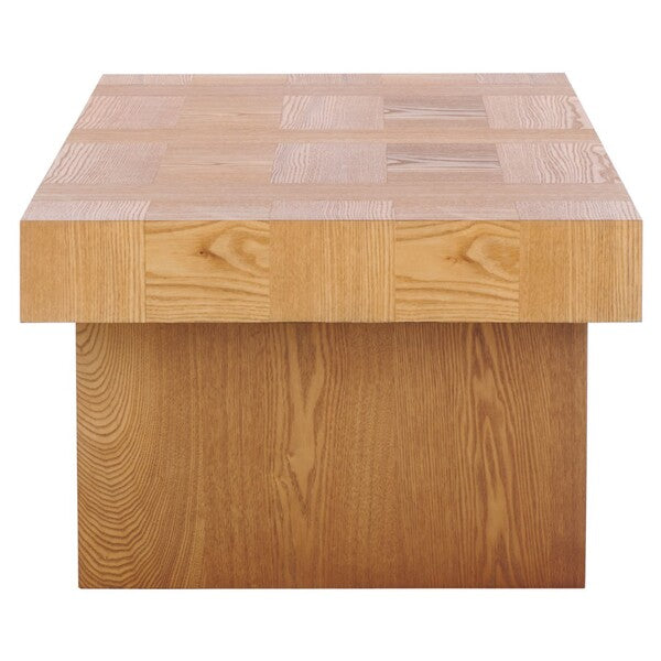 Wooden side table with a checkered top pattern on a white background