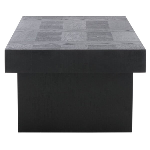 Square table with a textured gray top and black base on a white background