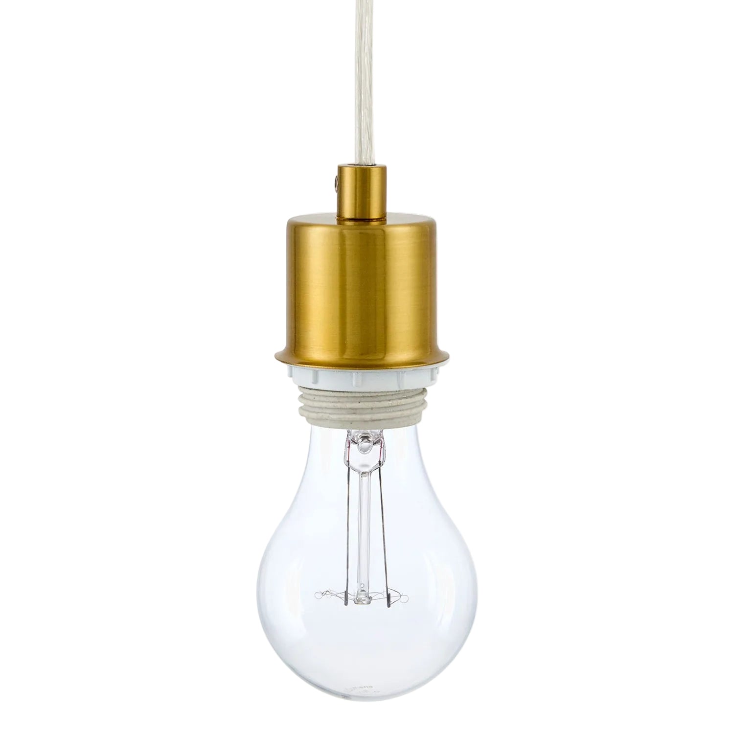 Clear light bulb with gold metal cap on a white background