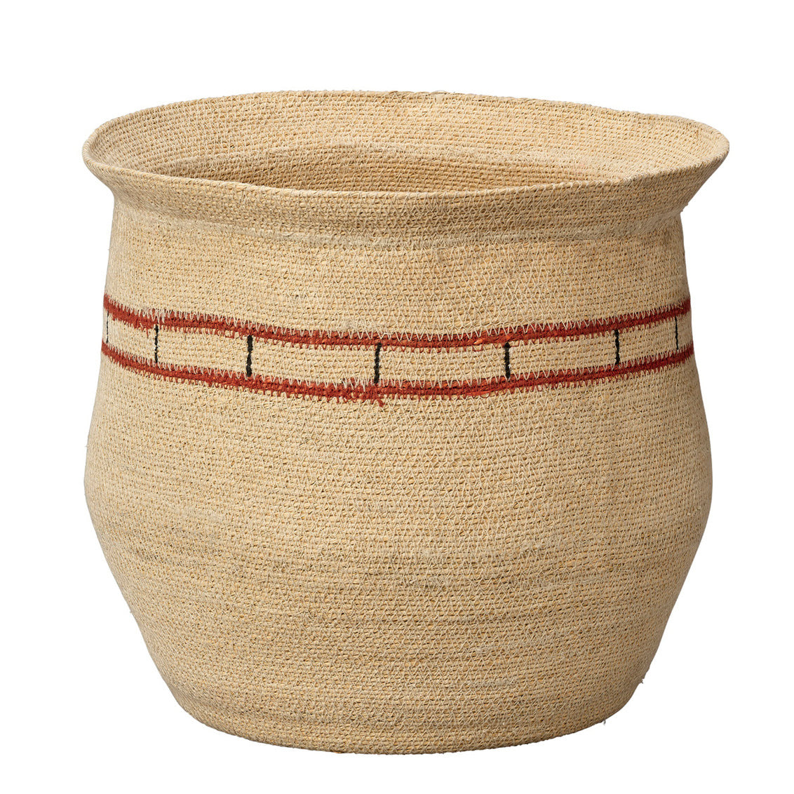 Woven basket with a red and black stripe on a white background