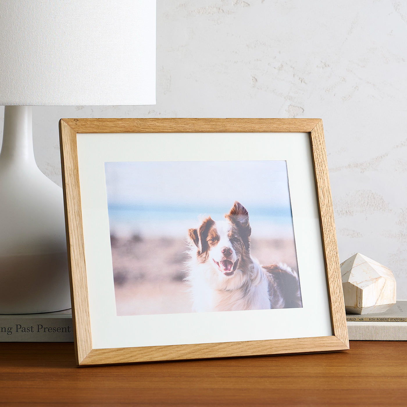 Framed photo of a dog on a wooden surface with a lamp in the background