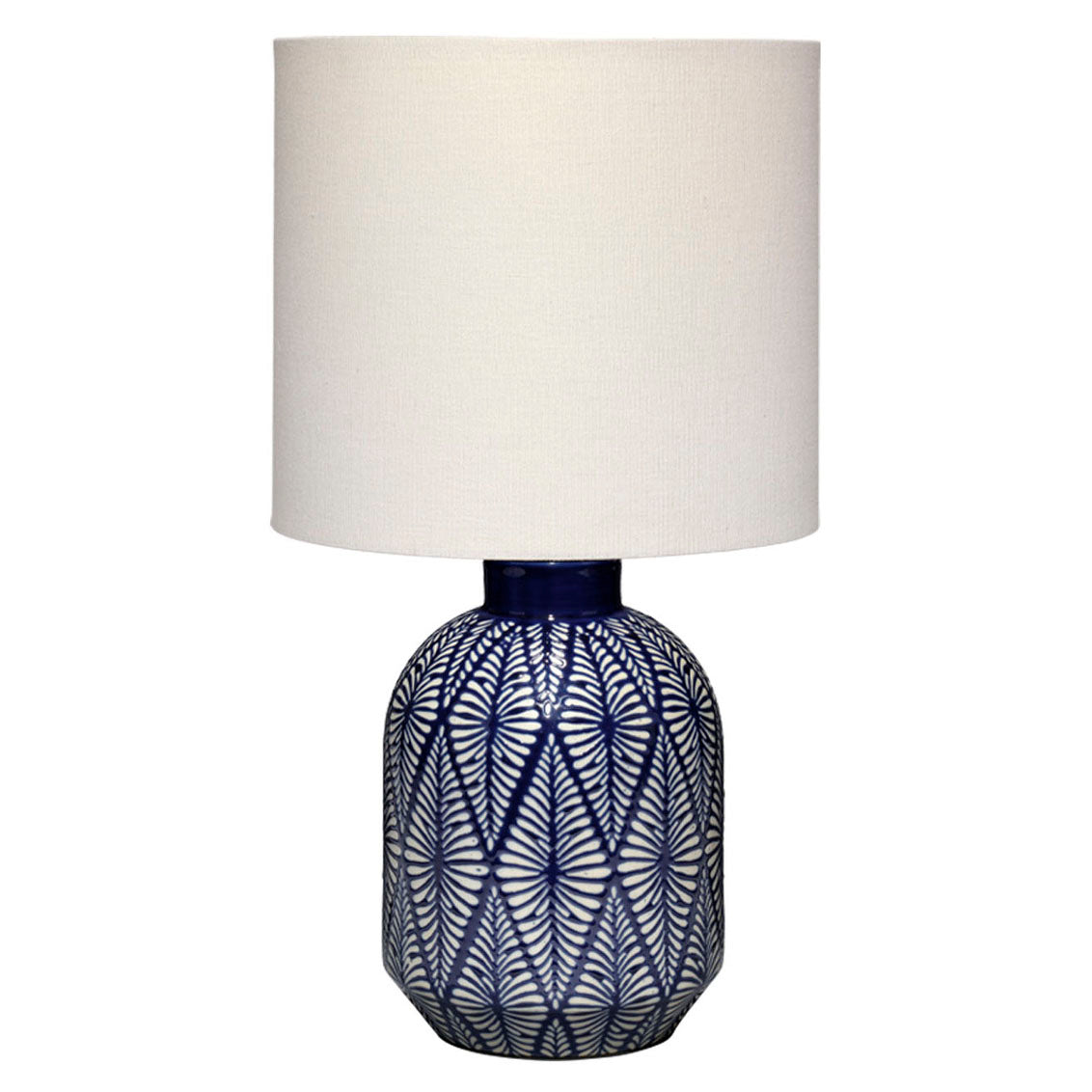 Table lamp with white shade and blue patterned base on a white background