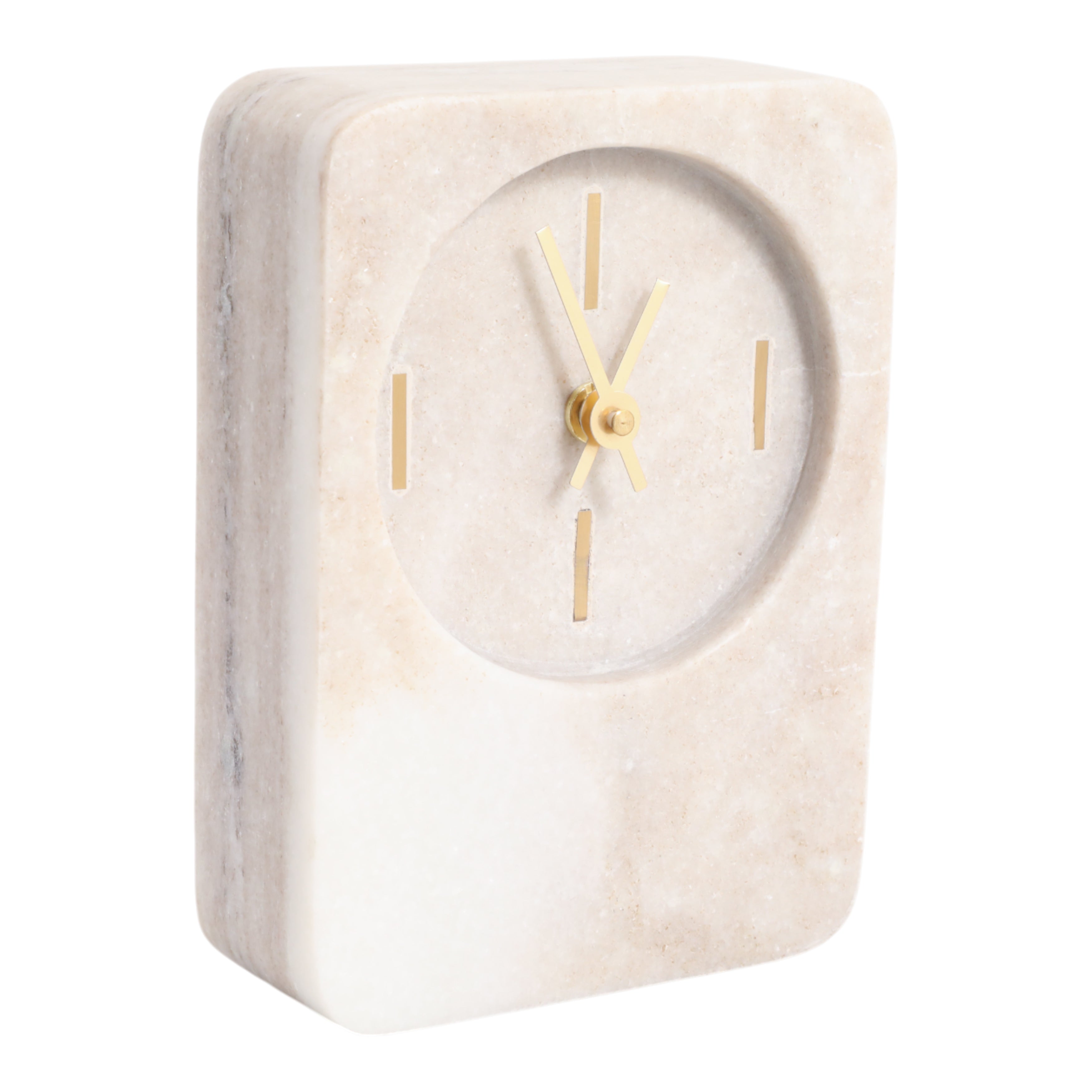 Marble-textured clock with gold hands on a white background