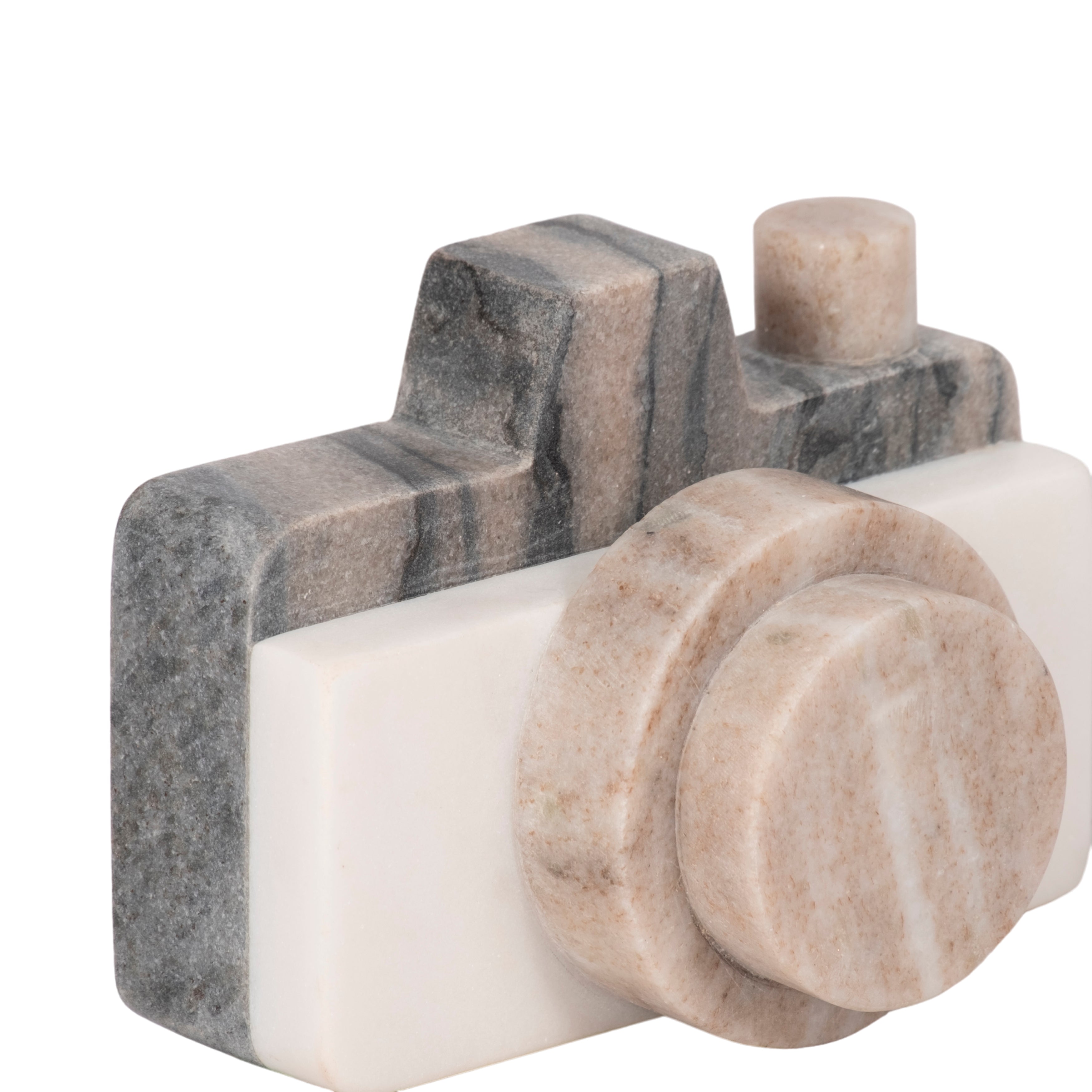 Marble camera sculpture on a white background