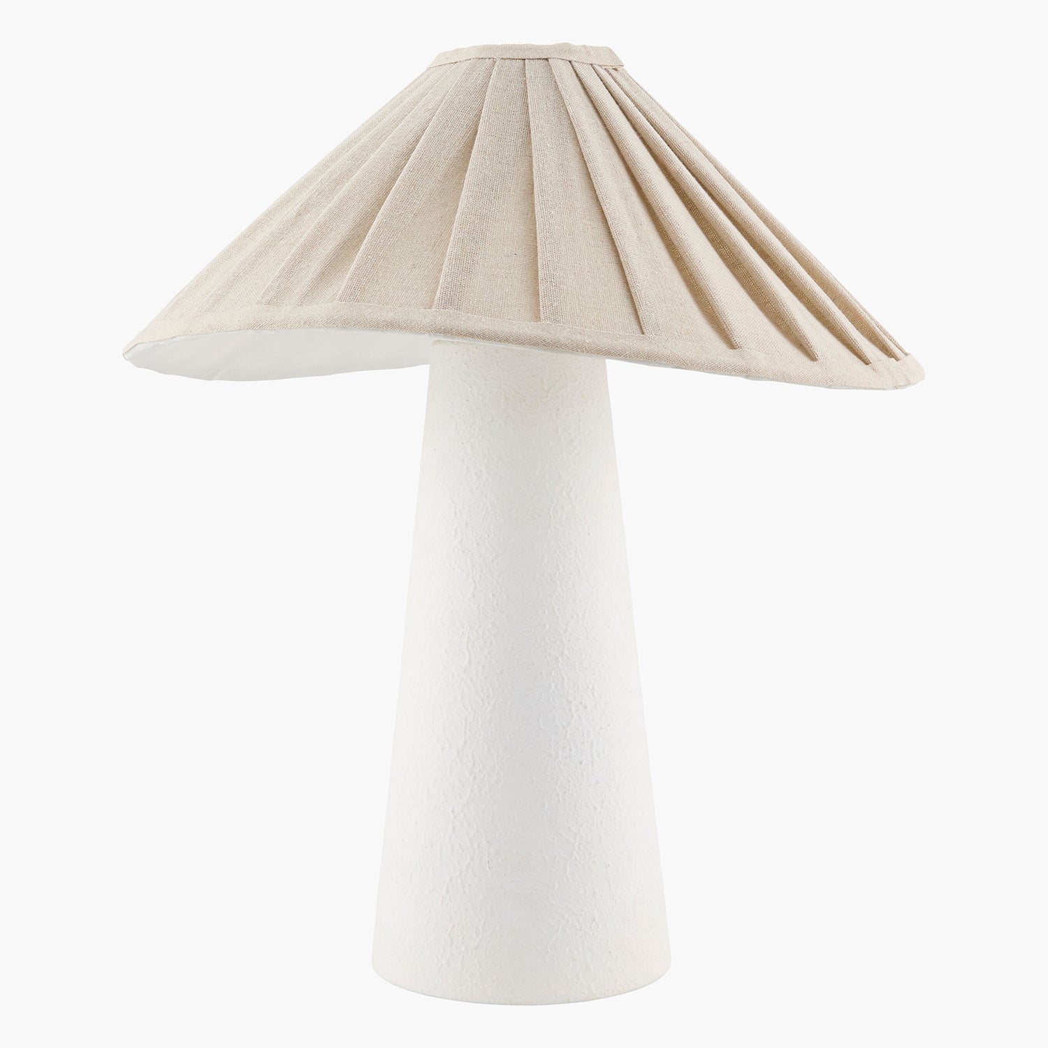 White table lamp with a beige pleated shade on a white background