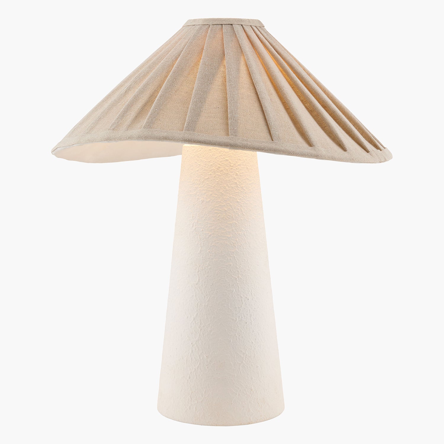 Table lamp with a beige pleated shade on a white background