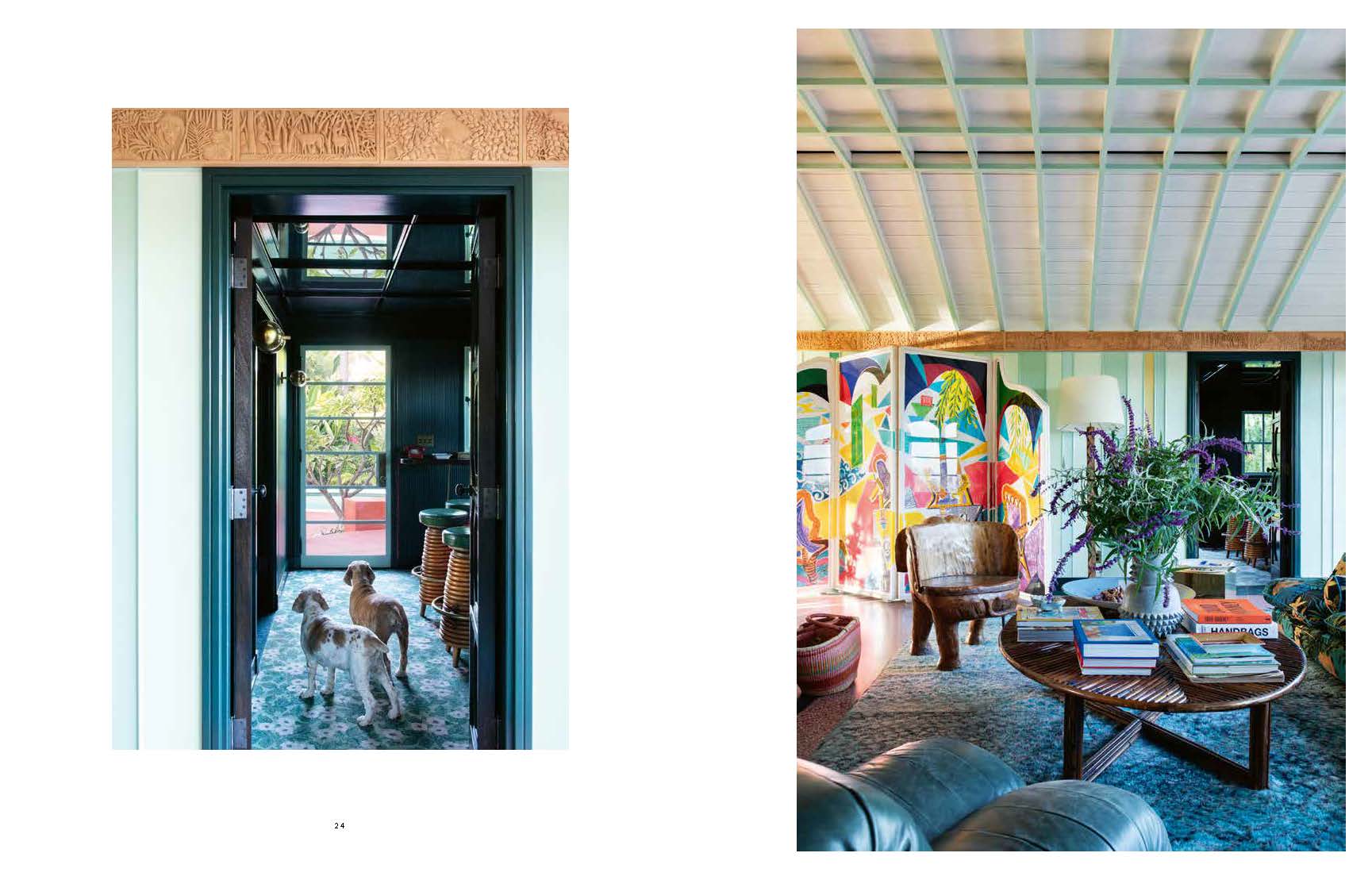 Two images: one of a hallway with a dog, the other of a living room with a colorful painting.