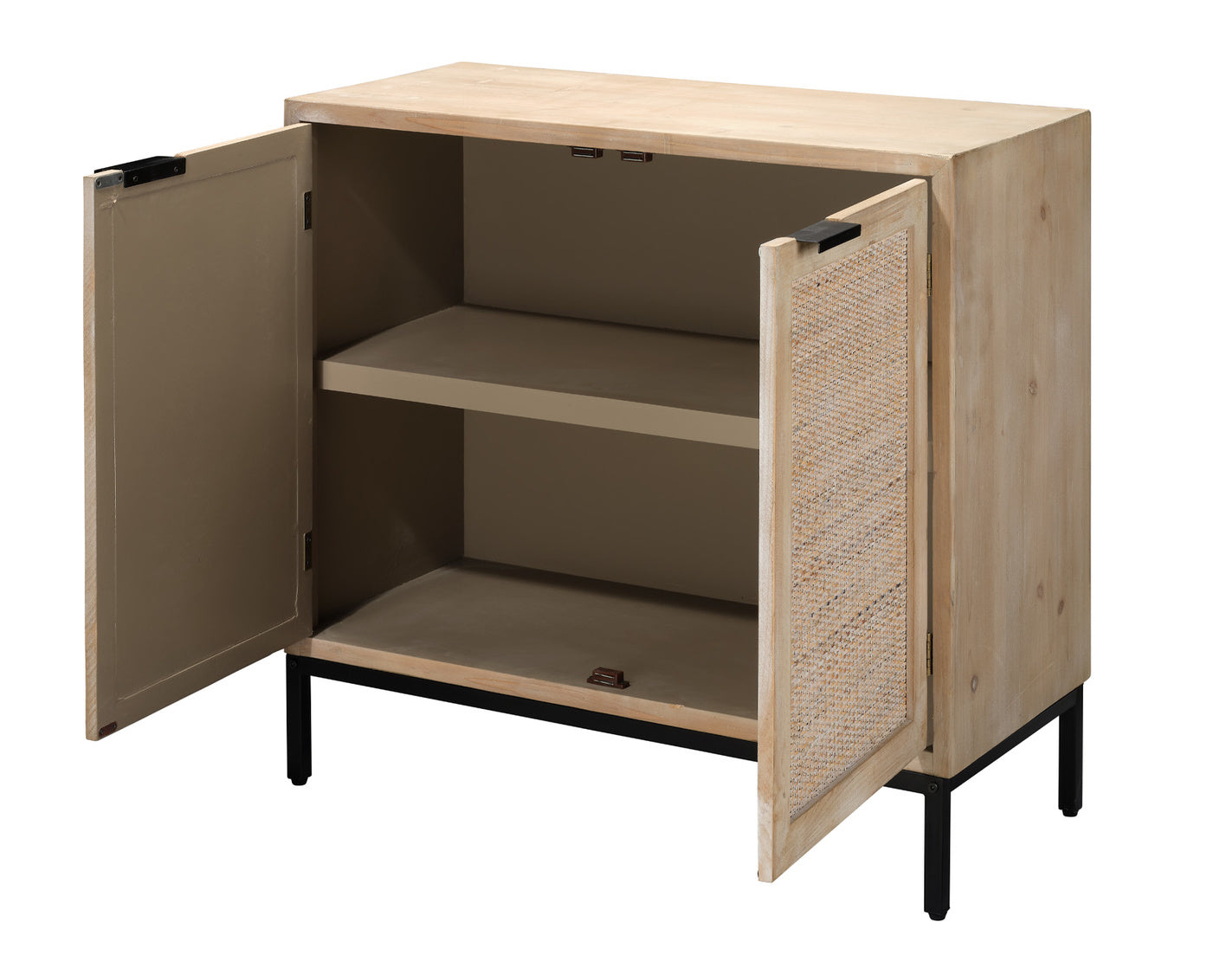 Wooden cabinet with open doors on a white background