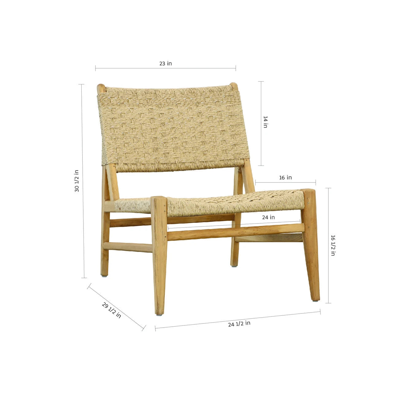 Wooden framed woven fabric chair on a white background with dimensions
