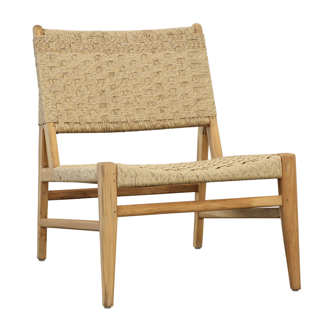 An Mable outdoor occasional chair with teak wood frame and synthetic rattan seat and backrest.
