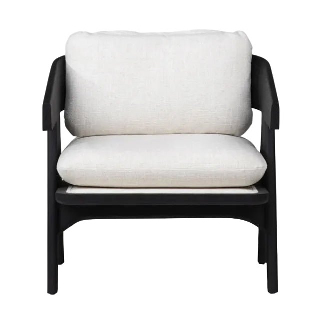 Modern chair with white cushions and black frame on a white background