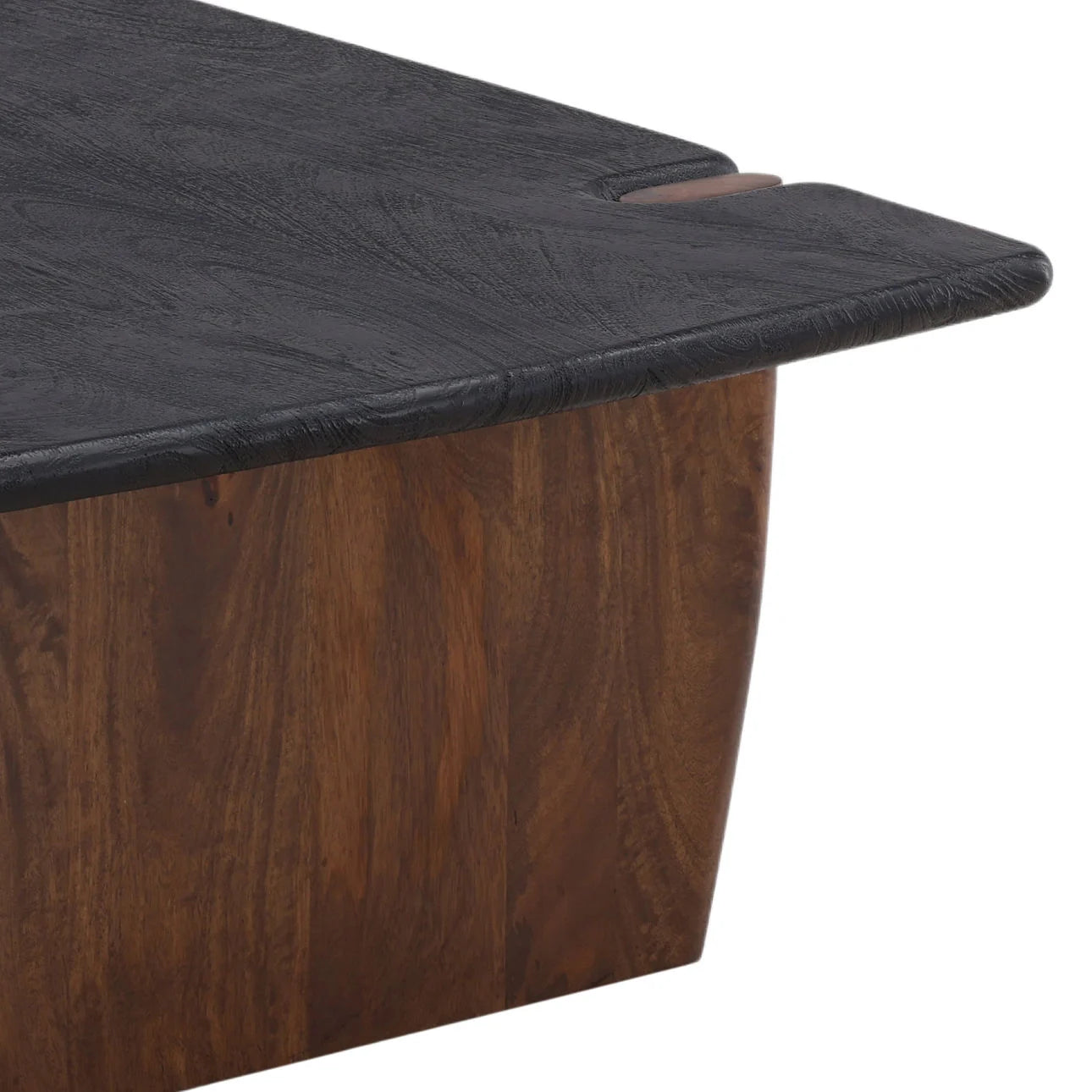 Wooden coffee table with a black stained top on a white background