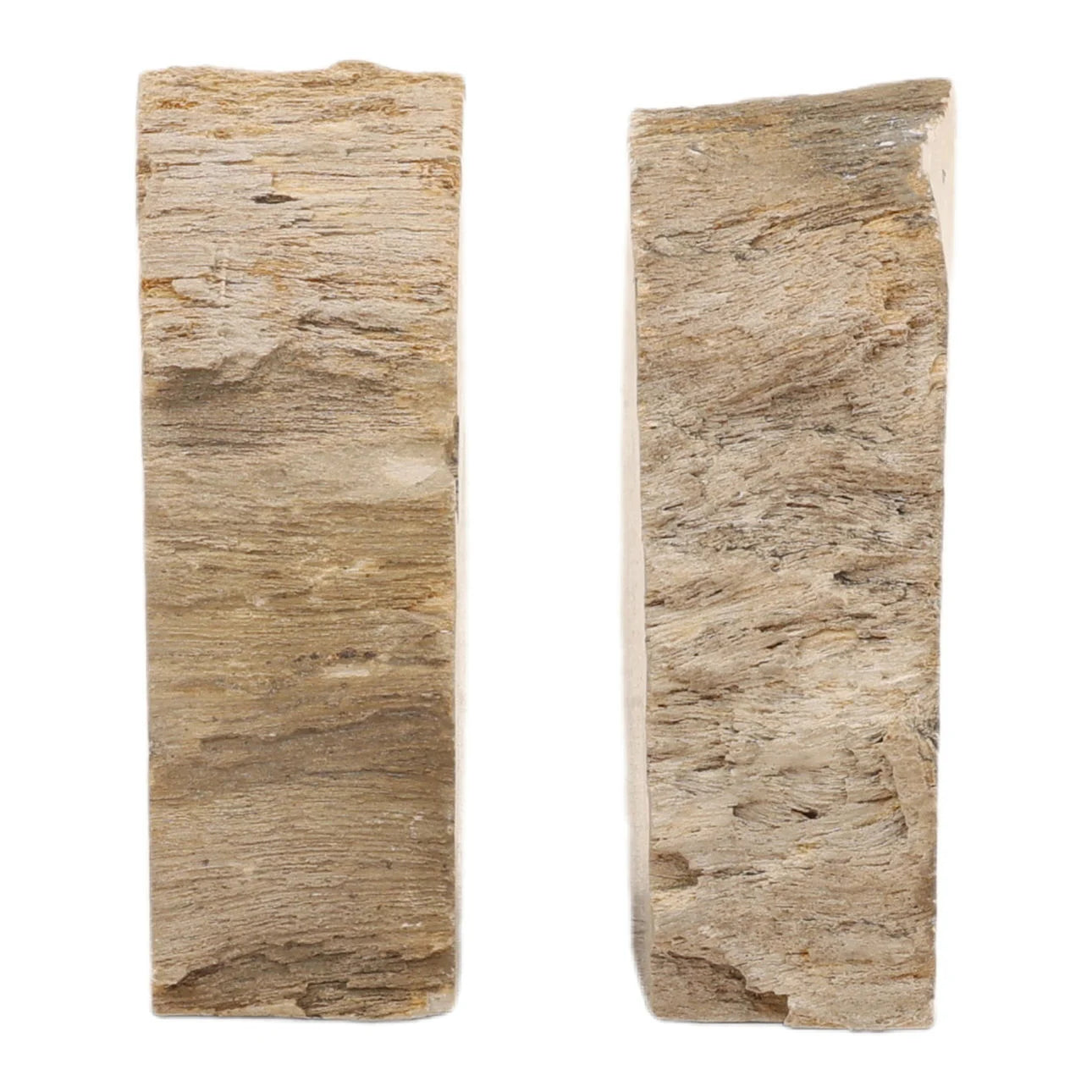 Two wood bookends on a white background