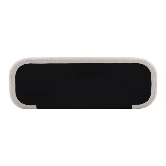 Beige upholstered bed frame on a white background view of back