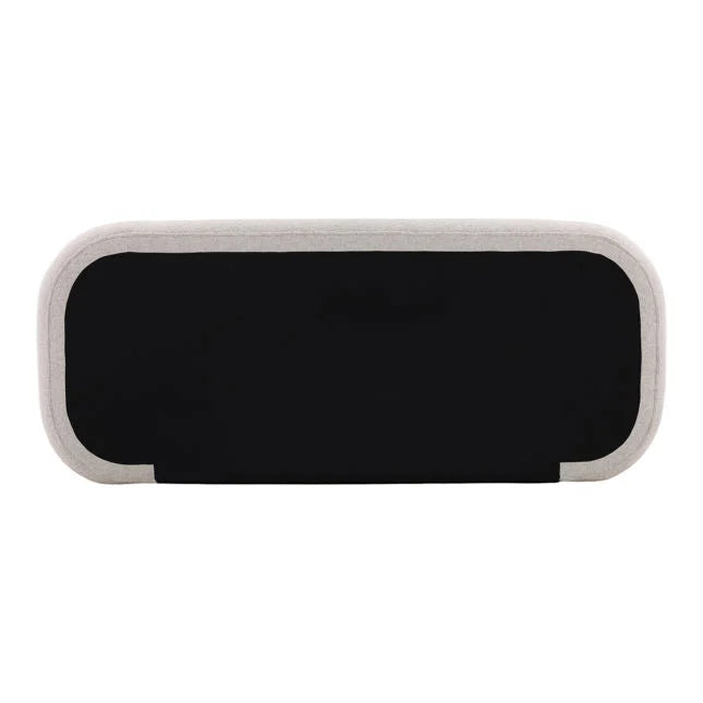 Beige upholstered bed frame on a white background view of back