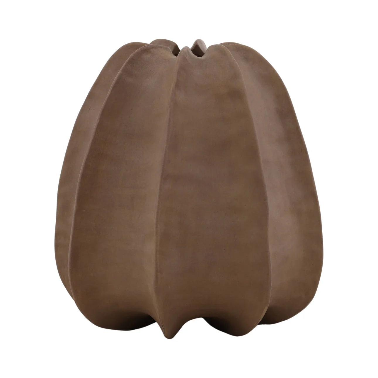 Brown vase with a unique, rounded design on a white background