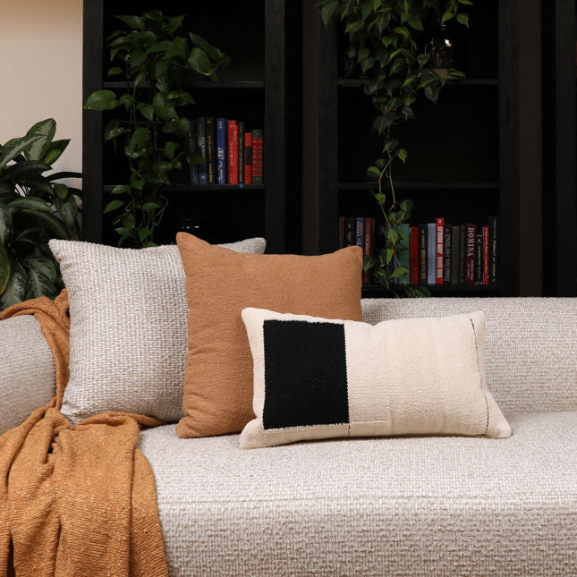 Gray sofa with decorative pillows and a blanket, against a bookshelf and plant background