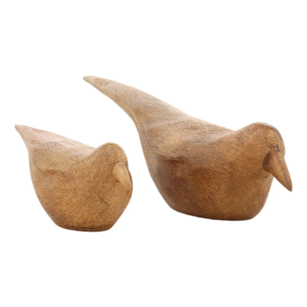 Two wooden bird sculptures on a white background