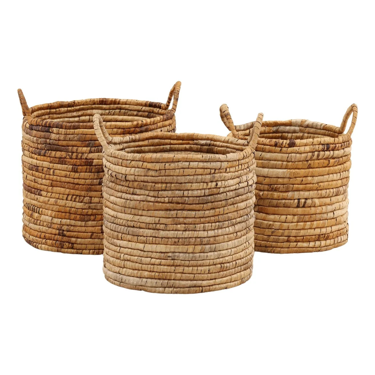 Three woven baskets with handles on a white background
