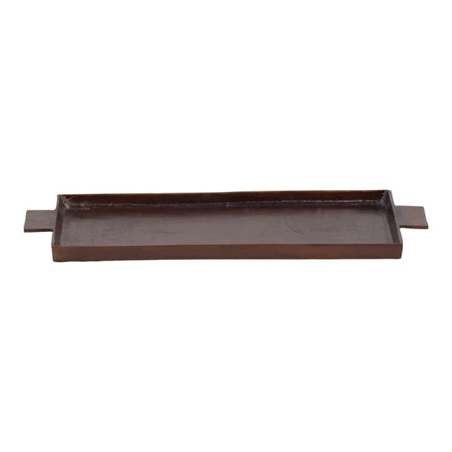Rectangular brown metal tray on a white background