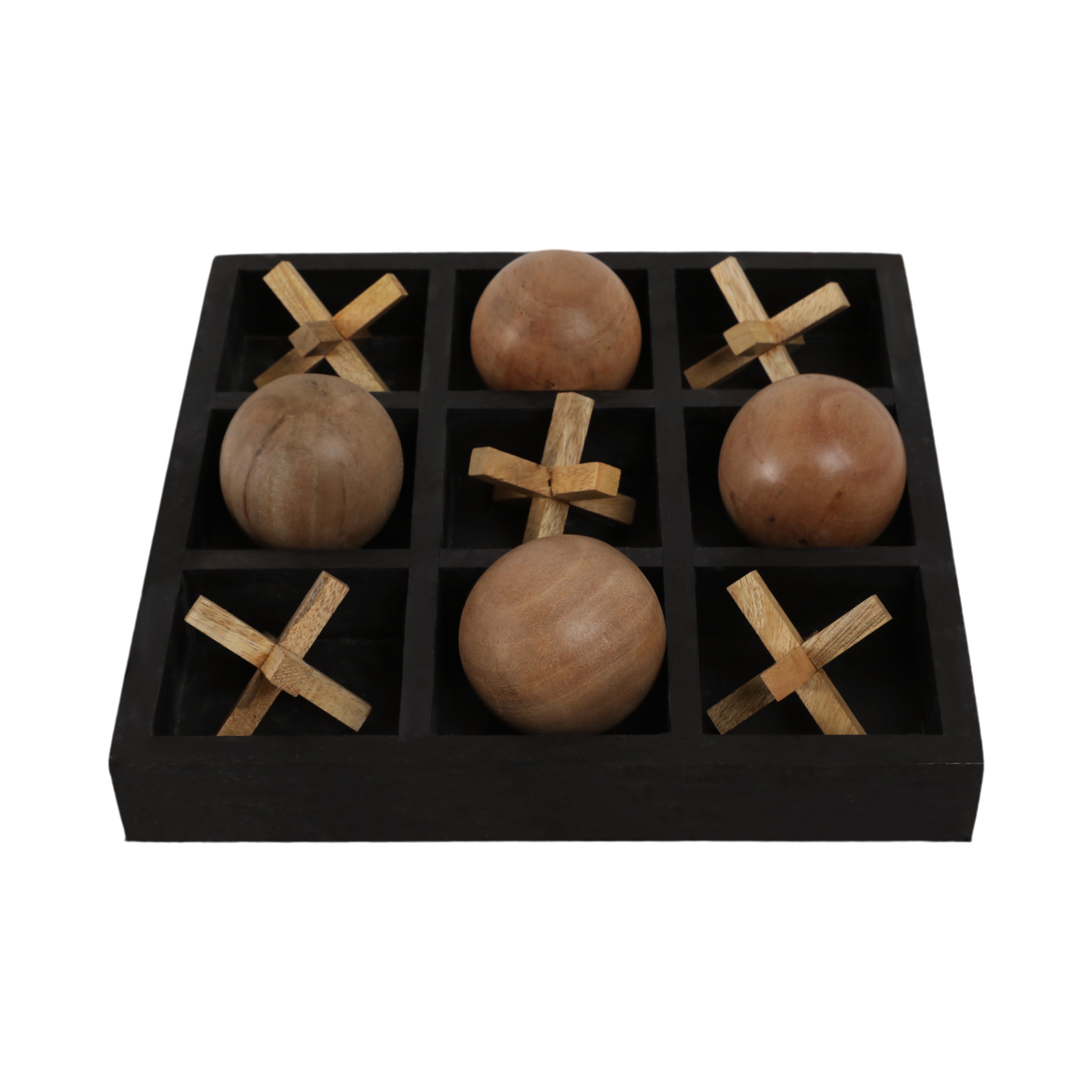 Set of wooden balls with cross symbols in a black box on a white background