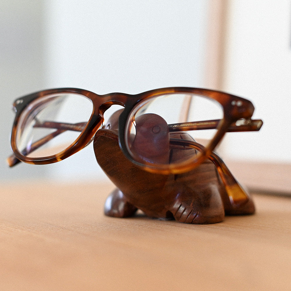Tortoiseshell glasses on a wooden turtle stand with a blurred background