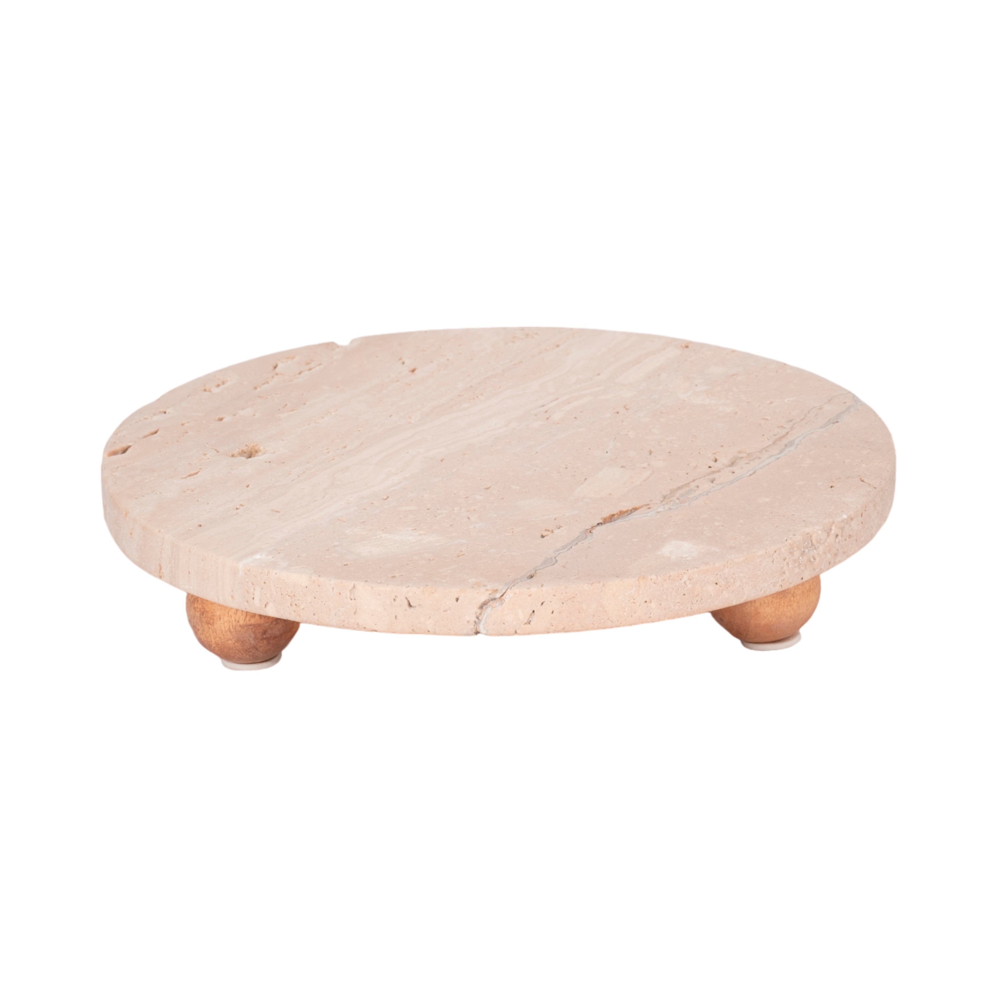 Round stone tray with three wooden legs on a white background