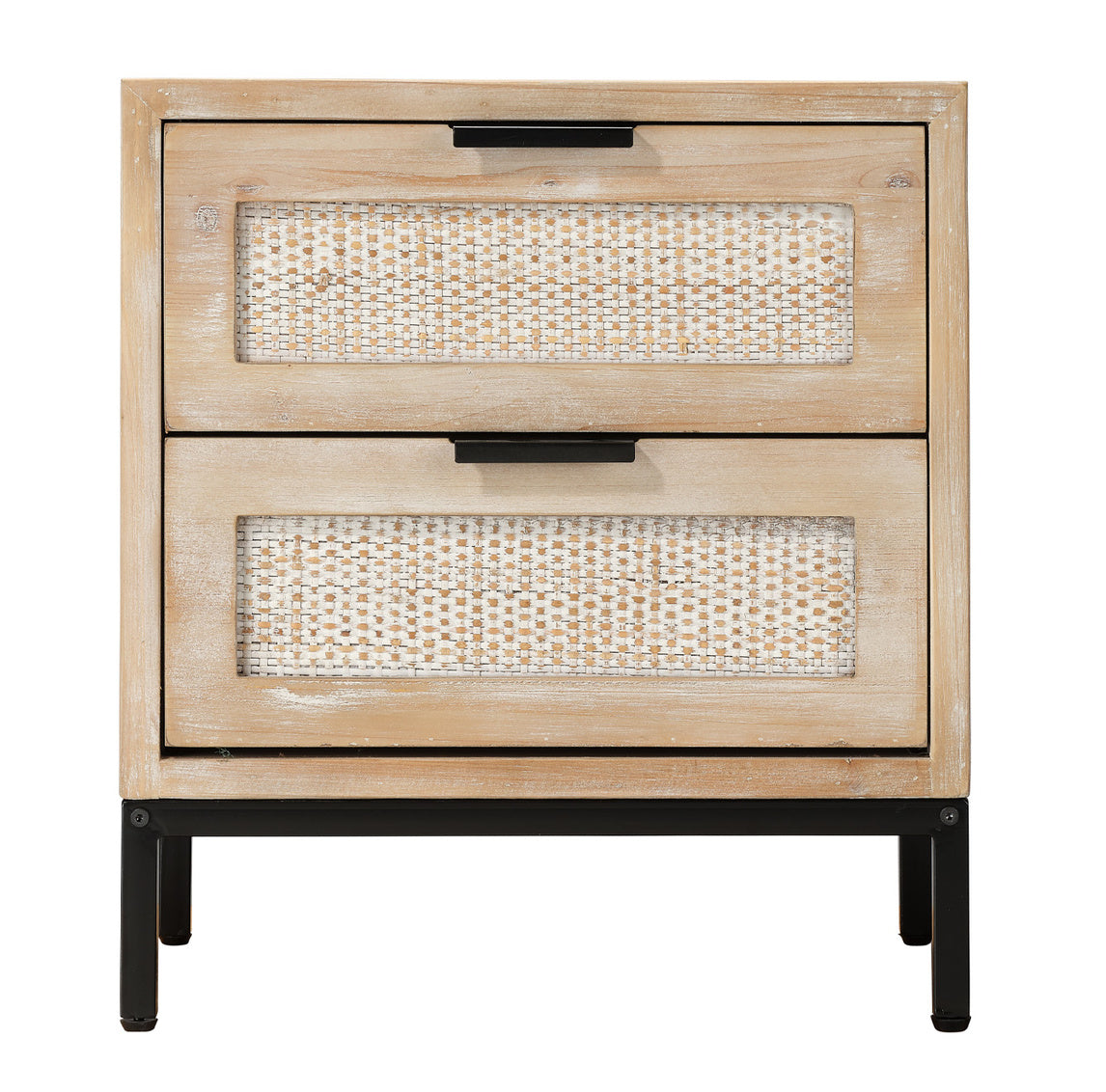 Wooden nightstand with two drawers featuring woven patterns on a white background