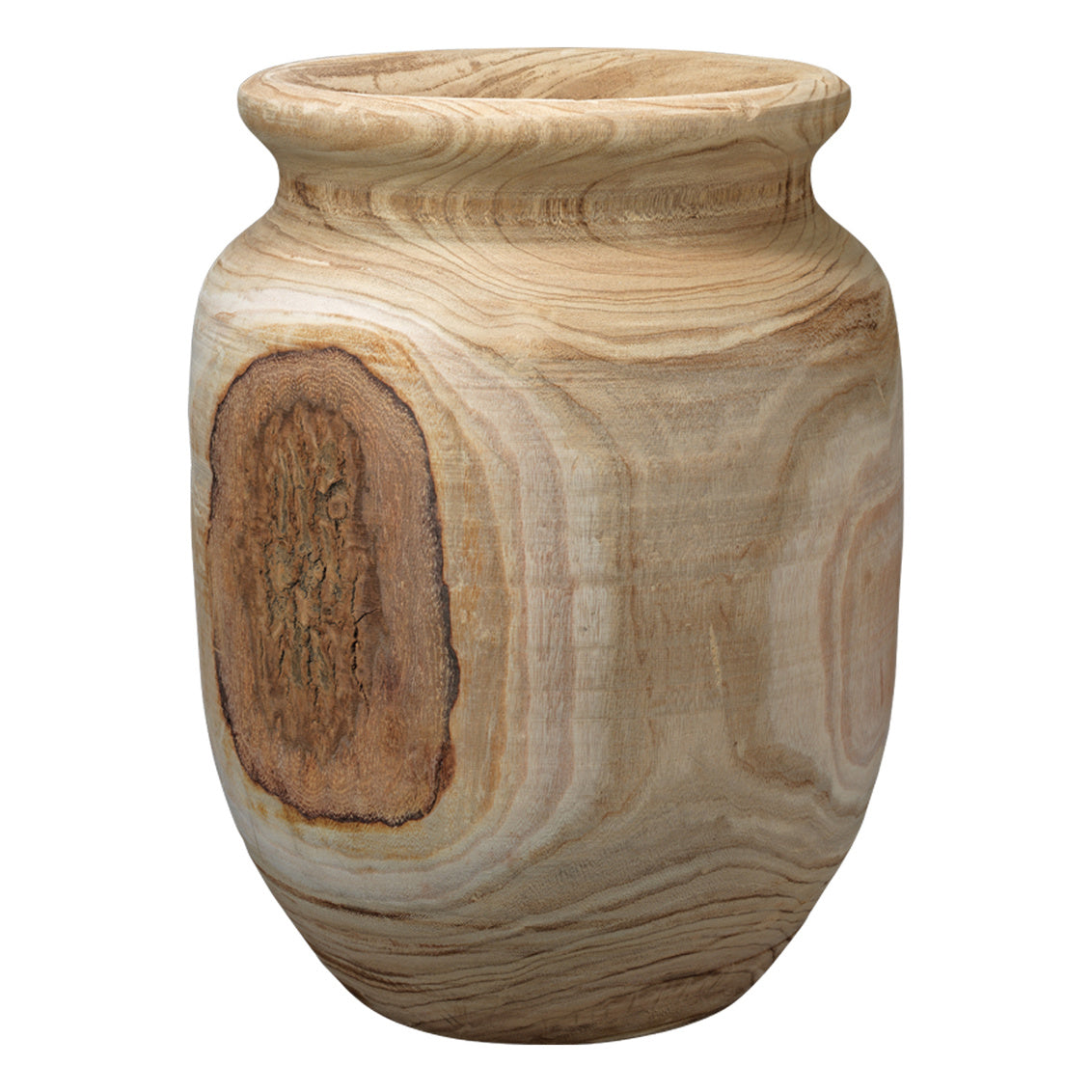 Wooden vase with a natural grain pattern on a white background
