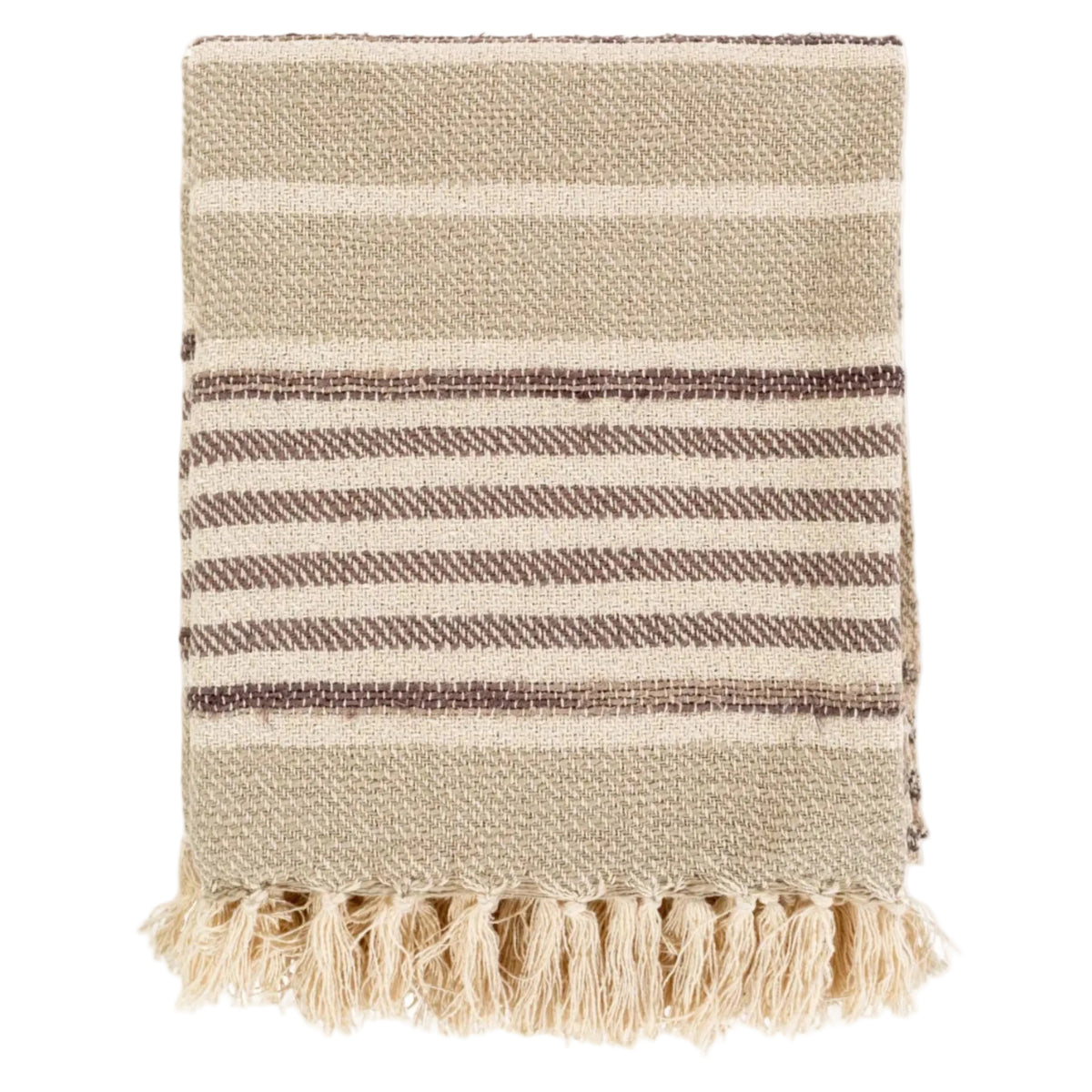 Textured blanket with striped pattern and tassels on a white background