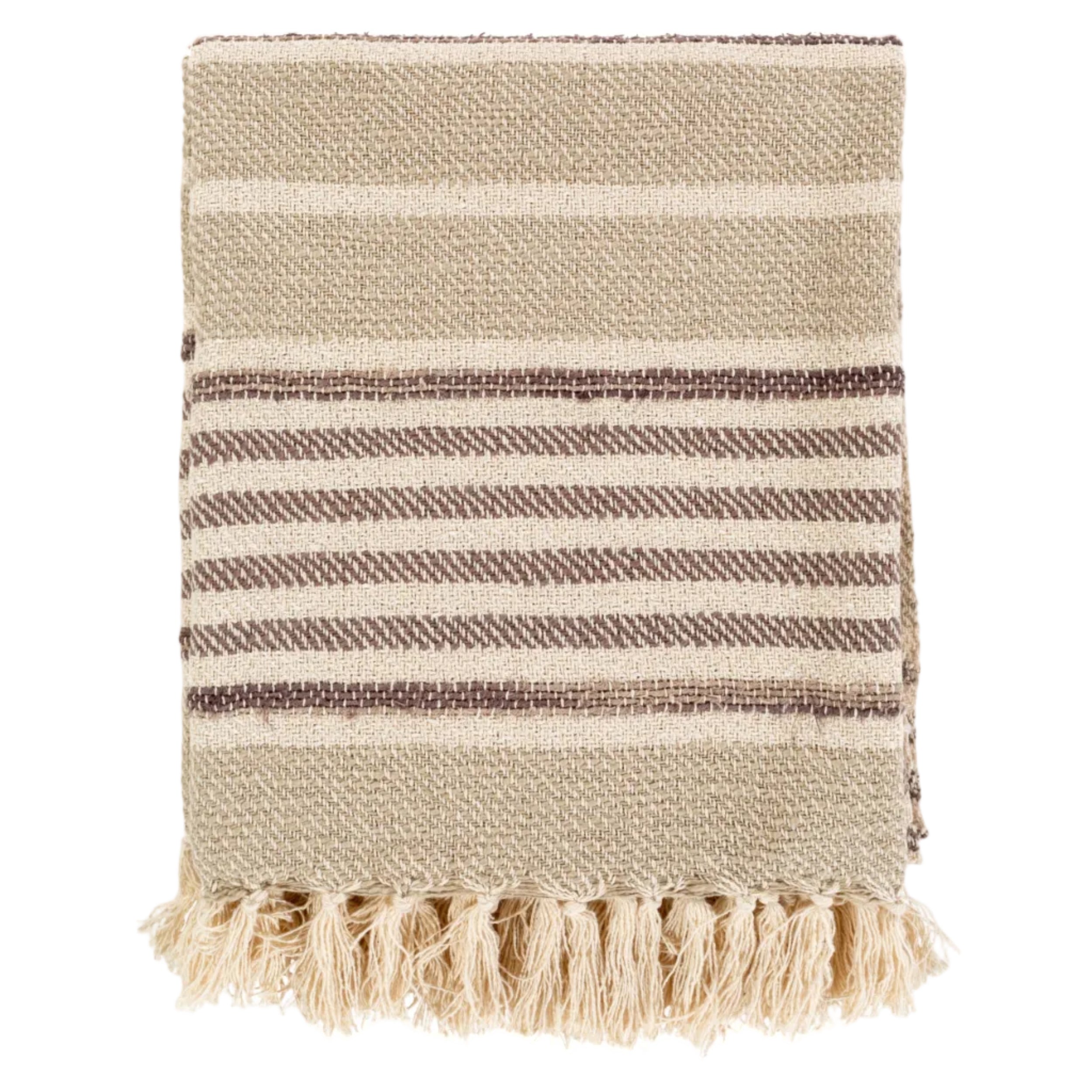 Textured blanket with striped pattern and tassels on a white background