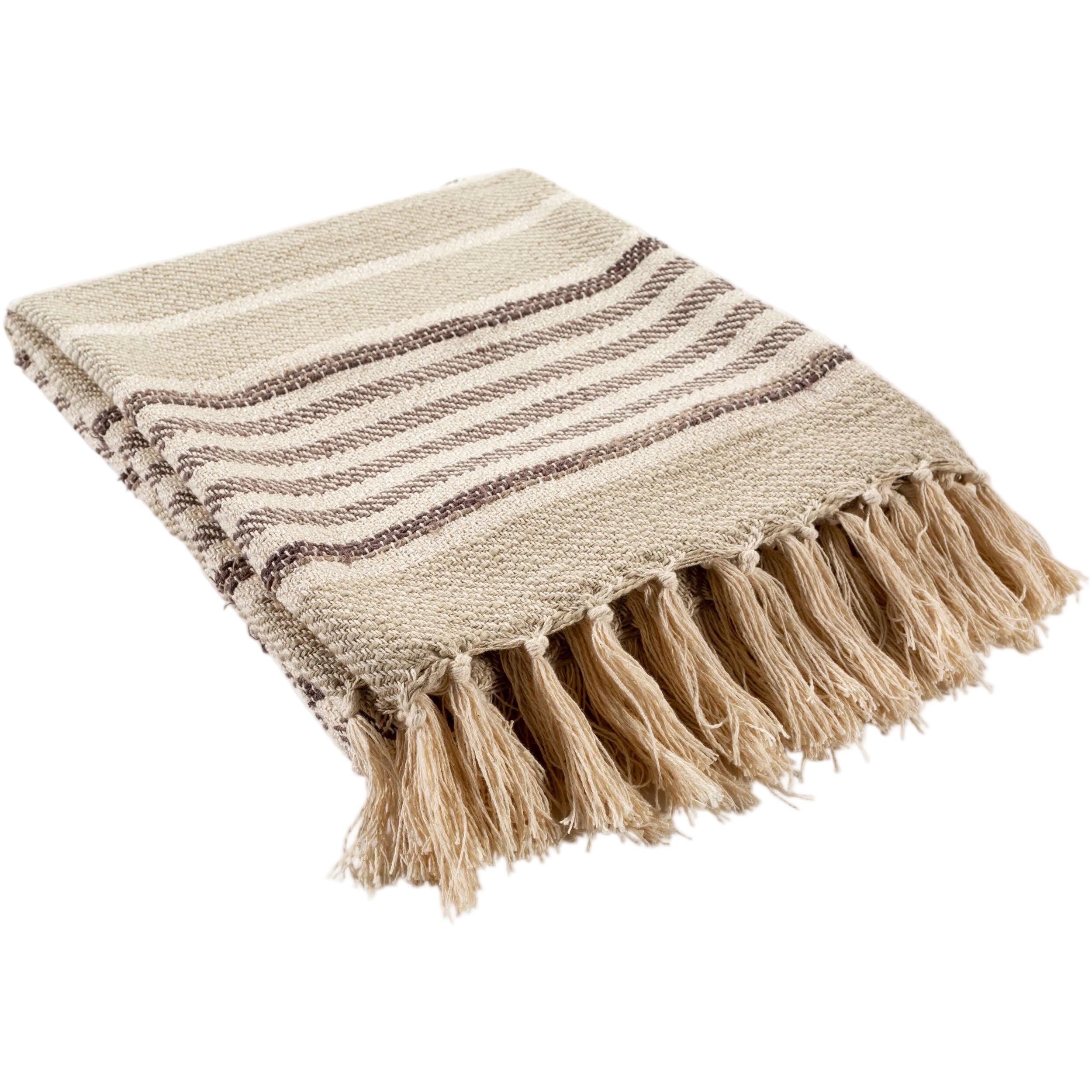Beige and brown striped woven throw blanket with a fringed edge on white background