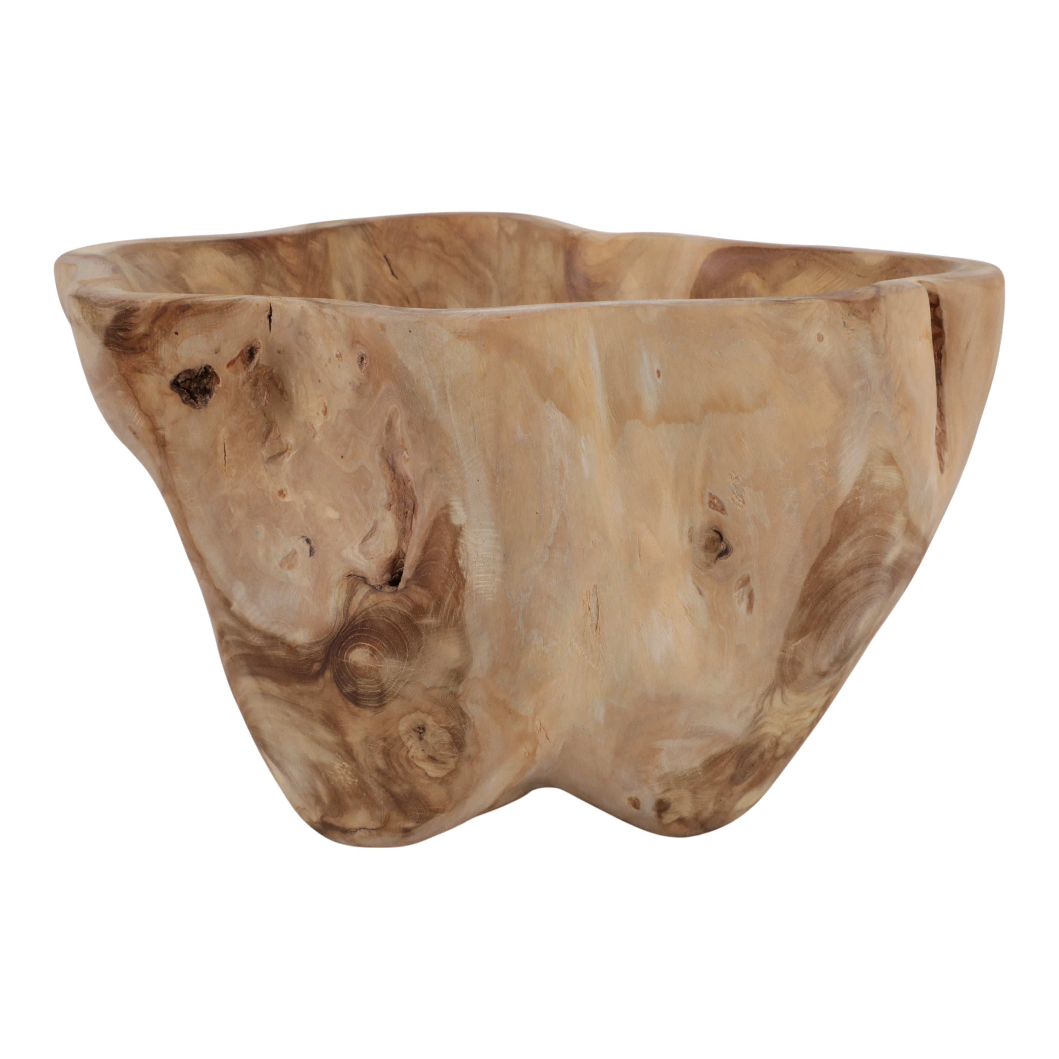 Wooden bowl with natural grain and texture on a white background