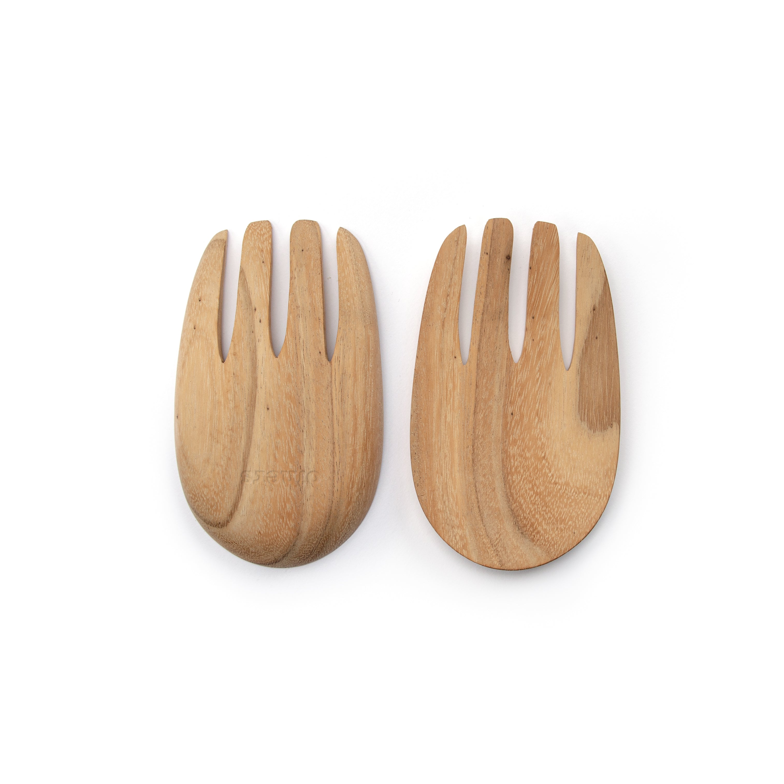 Two wooden salad servers on a white background