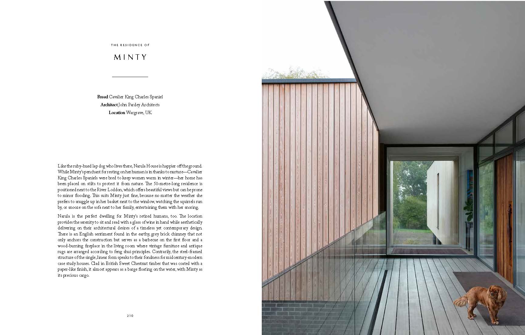 Modern house interior with wooden floor and glass wall, text on the left