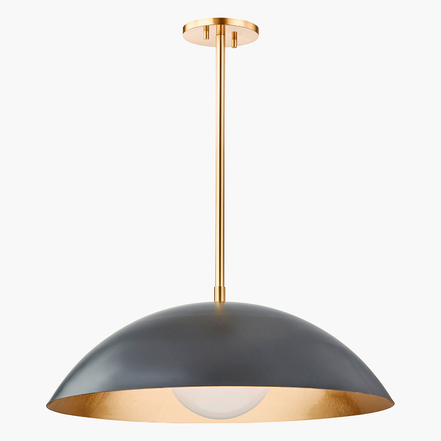 Modern pendant light with black shade and gold accents on a white background