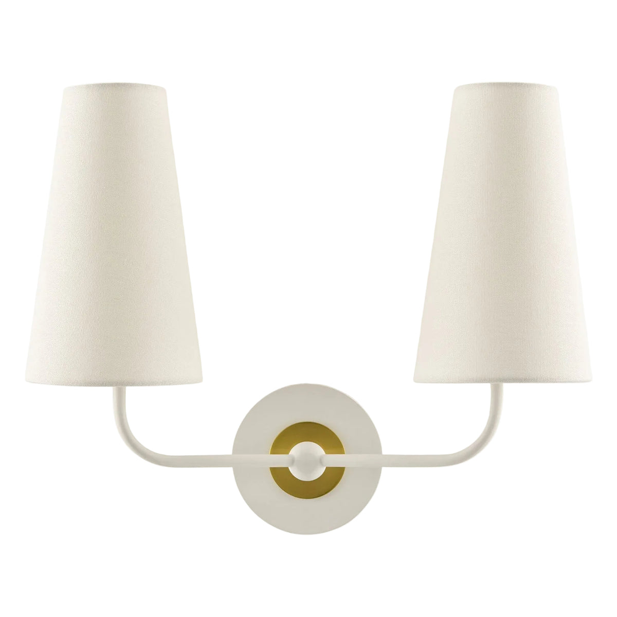 Wall-mounted lamp with two white shades and a gold circular design on a white background