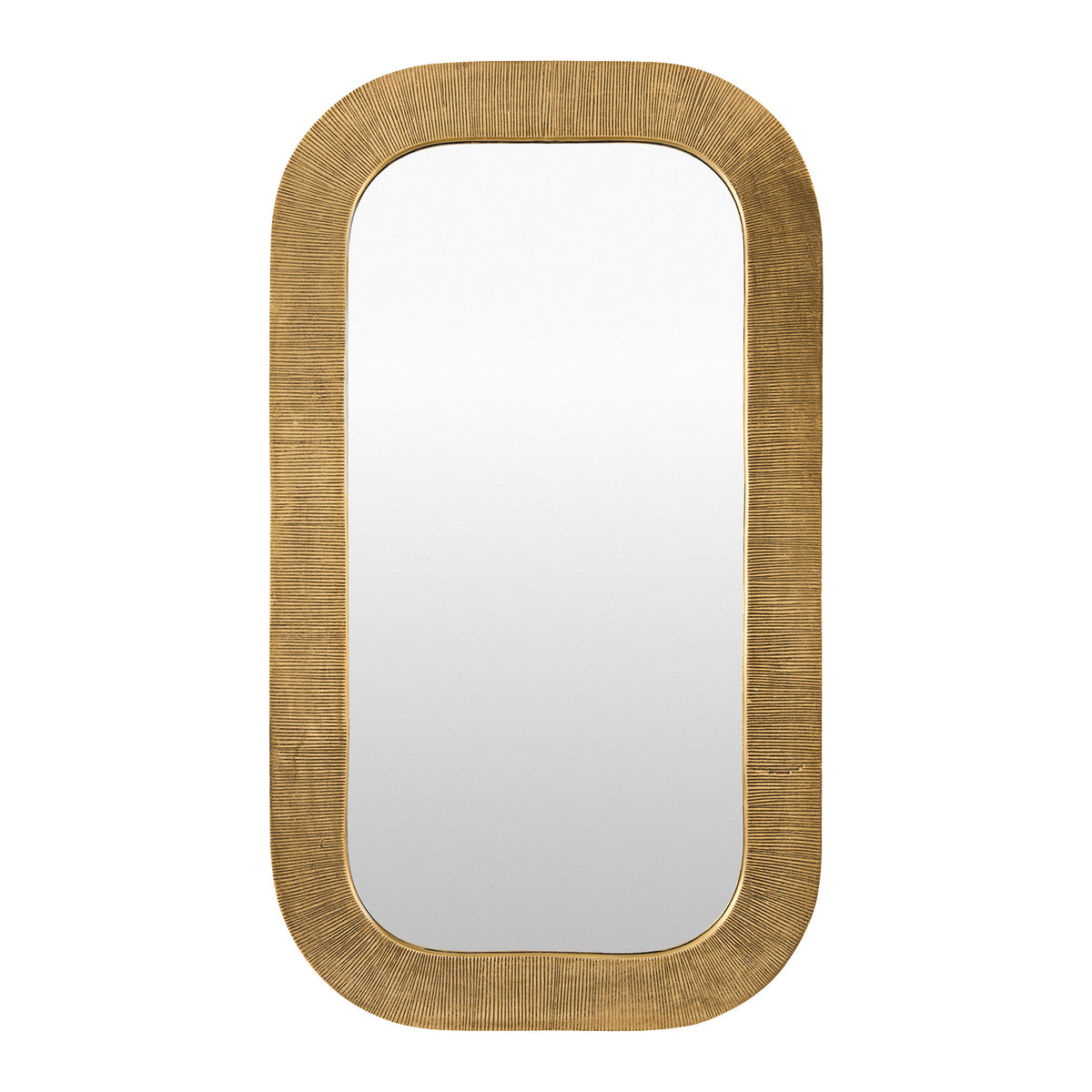 A rectangular wall mirror with a rounded rectangular frame, featuring a textured, metallic gold finish.