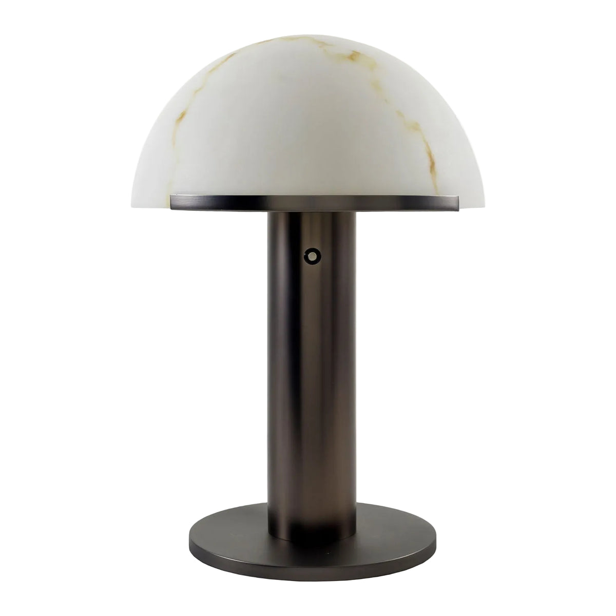 Table lamp with a white marble-like shade on a white background