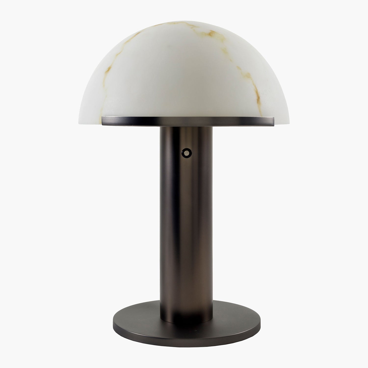 Table lamp with a white marble-like shade on a white background