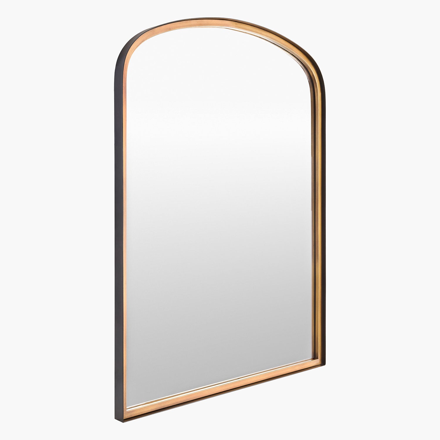 Arched mirror with gold frame on a white background