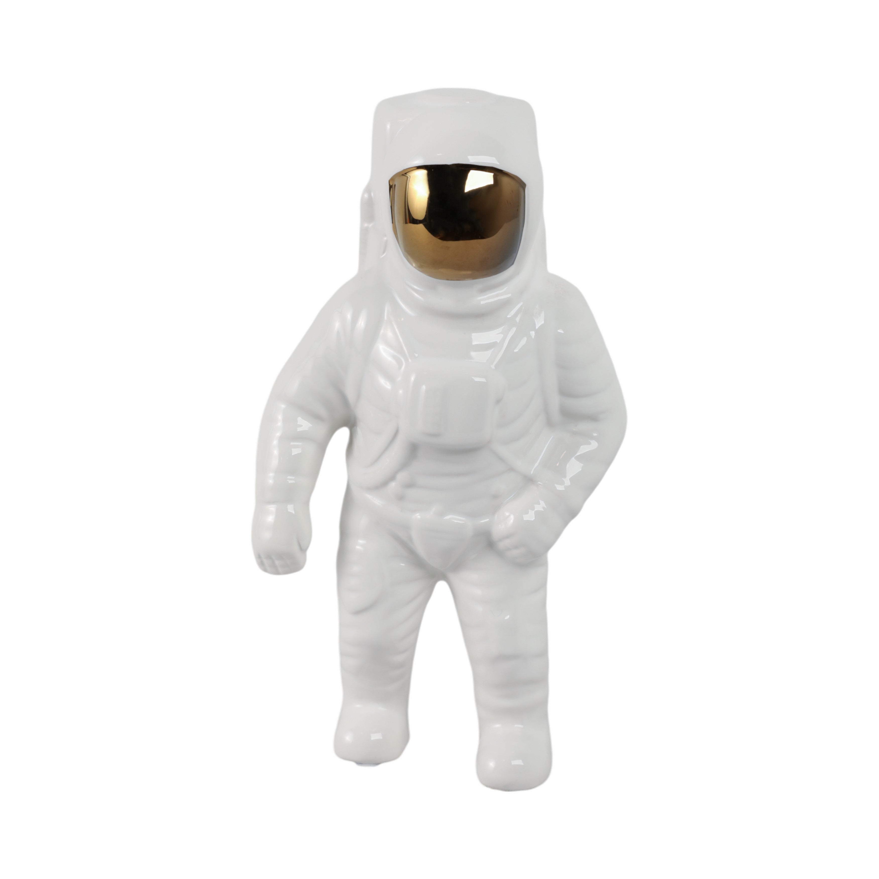 White astronaut figure with a gold visor on a white background