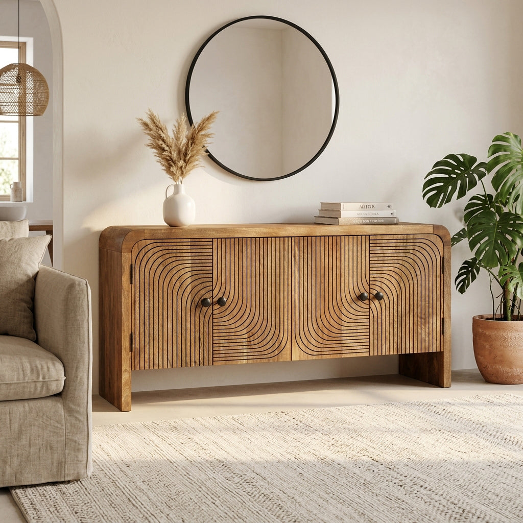 Wooden sideboard with decorative elements in a living room setting