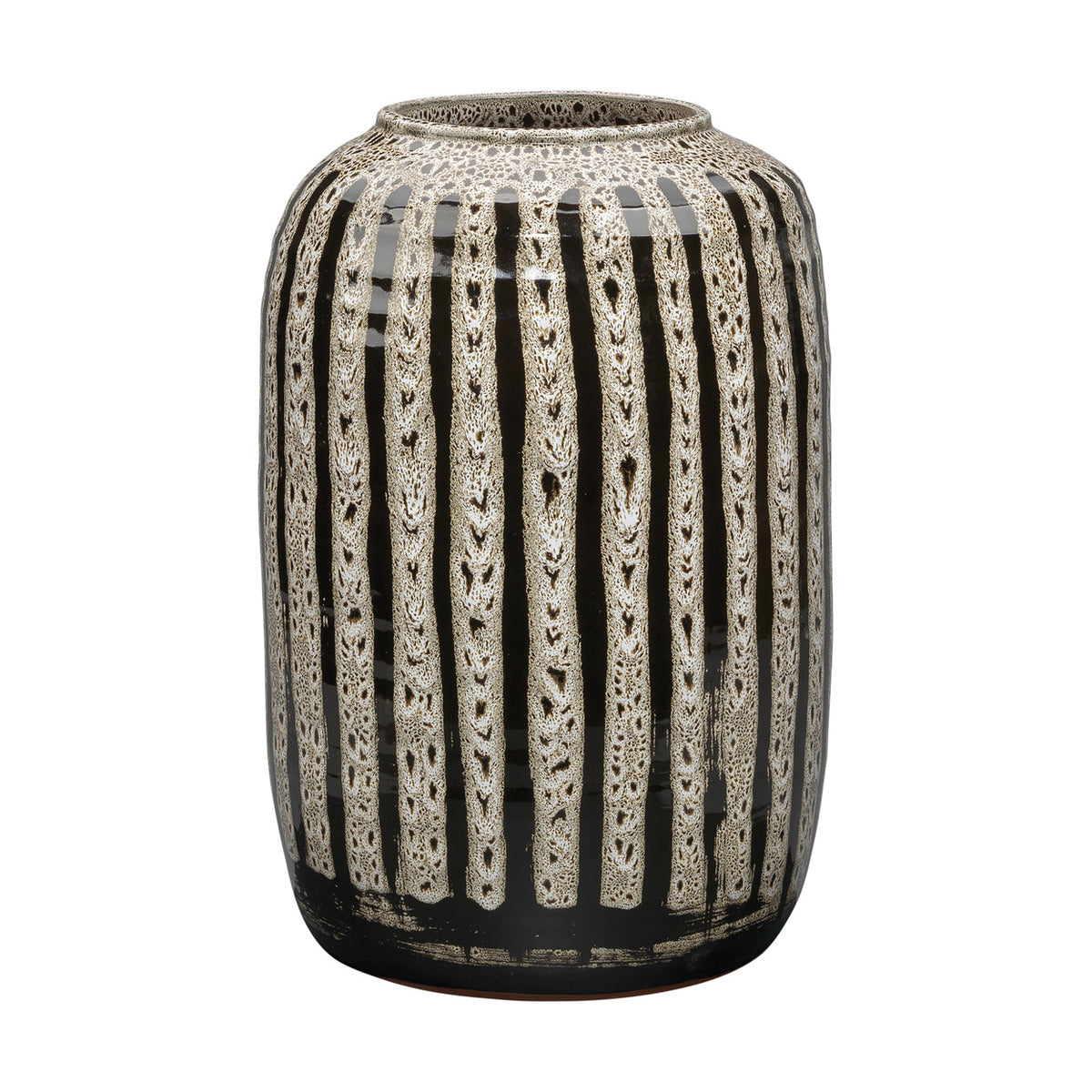 A ceramic vase with a glossy black and cream vertical striped pattern, featuring textured, lace-like cream bands with small black speckles.