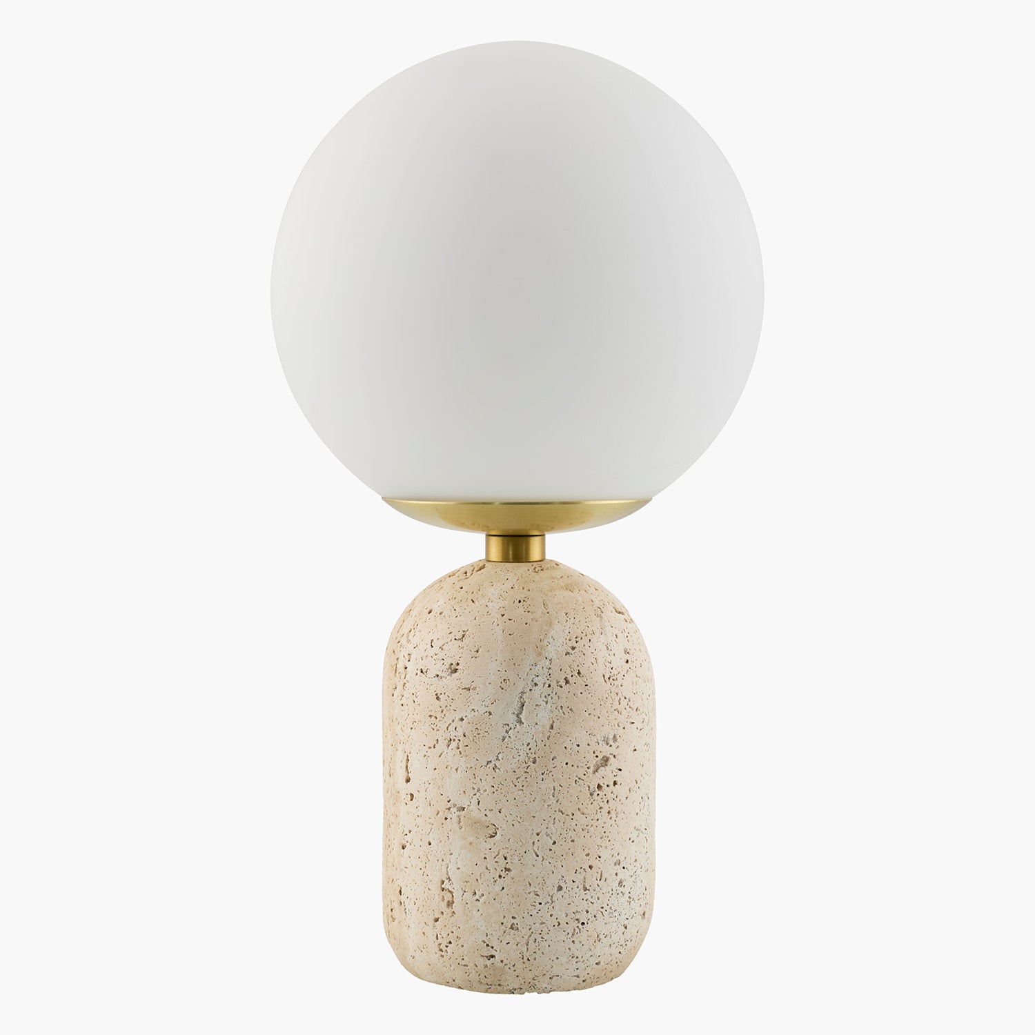 Table lamp with a white spherical shade and beige textured base on a white background