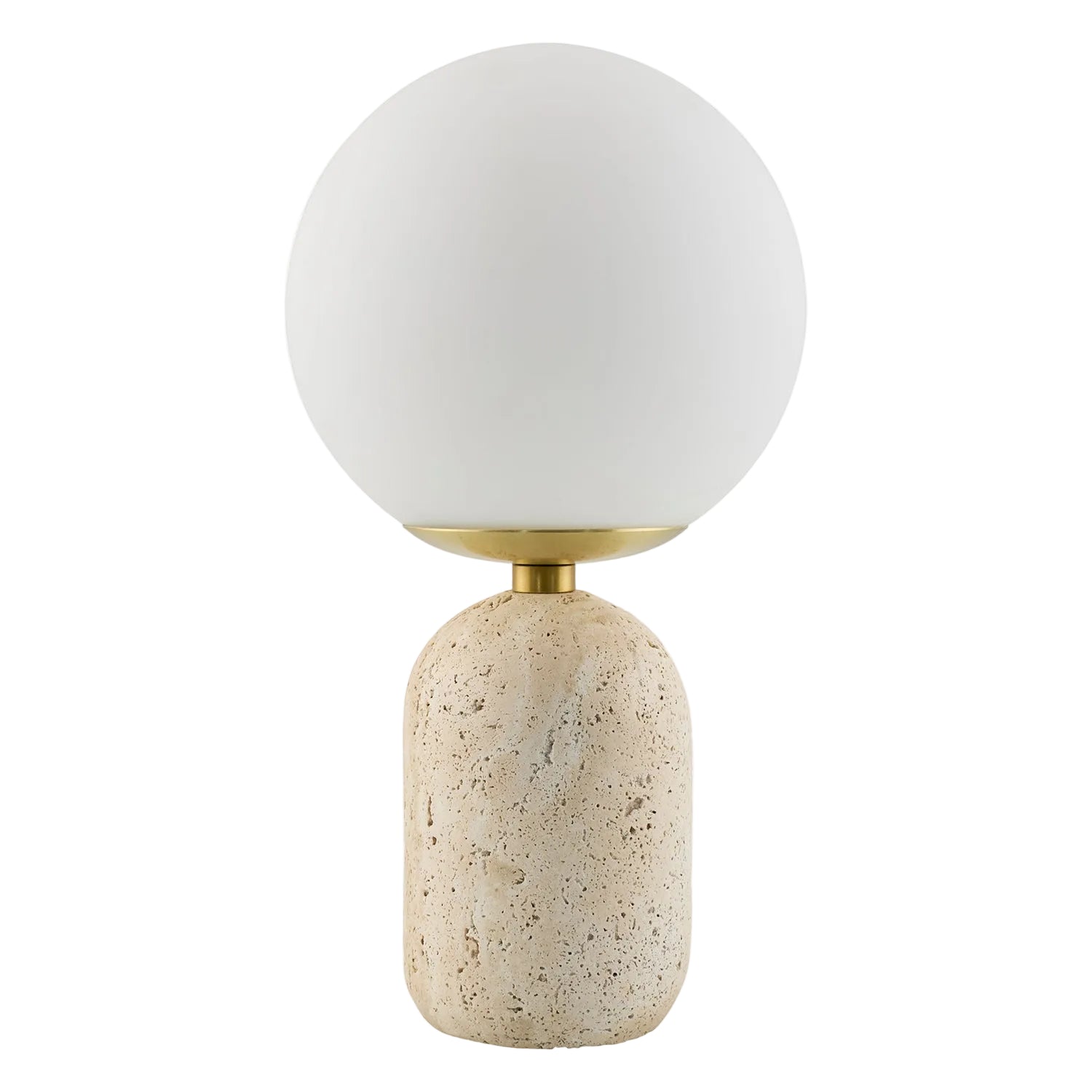 Table lamp with a white spherical shade and beige textured base on a white background